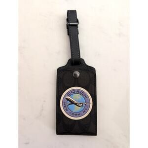 Coach Signature Jacquard Luggage Tag Airplane Globe Patch Leather Strap